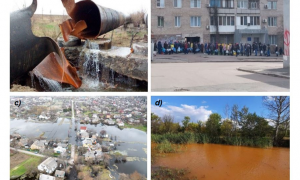 Figura 2. a) Conductă deteriorată lângă satul Kiselevka din regiunea Herson (aprilie 2022); b) Oameni la coadă pentru apă în Mykolaiv (aprilie 2022); c) Demolarea barajului de pe râul Irpin, la data 26 februarie 2022, a provocat inundații în apropierea satului Demidov, în districtul Vyshhorod din regiunea Kiev; d) Apa poluată din râul Kamyshevakha/Komyshuvakha. Sursă: https://www.nature.com/articles/s41893-023-01068-x