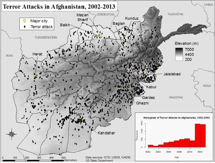 Figura 4. Atacuri teroriste în Afganistan, în perioada 2002-2013 (Sursa: (PDF) A Point Process Analysis of Terror Attacks in Afghanistan, 2002-2013 (researchgate.net))