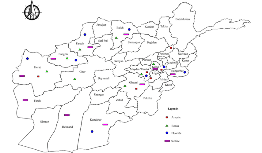 Figura 5. Harta contaminării apelor subterane (Sursa: Quality of groundwater resources in Afghanistan | Request PDF (researchgate.net))